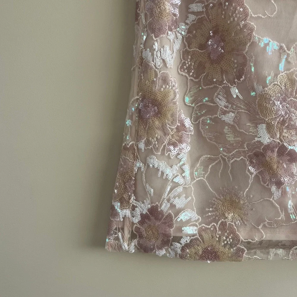 Sasha Therese Orion Skirt Sequin Floral Blush Embroidered Mesh Midi XS Fairycore